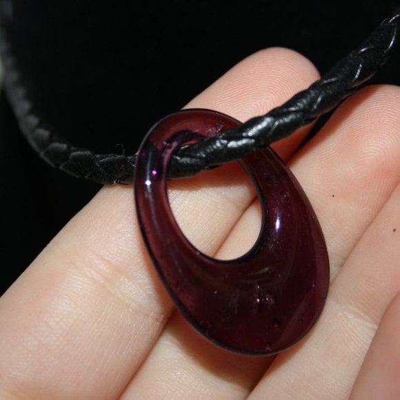 Black leather cord necklace with purple glass